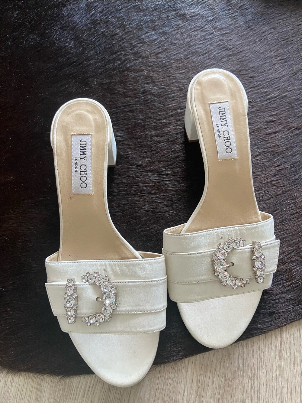 Jimmy Choo Cream Slip-On Mules with Crystal Buckles